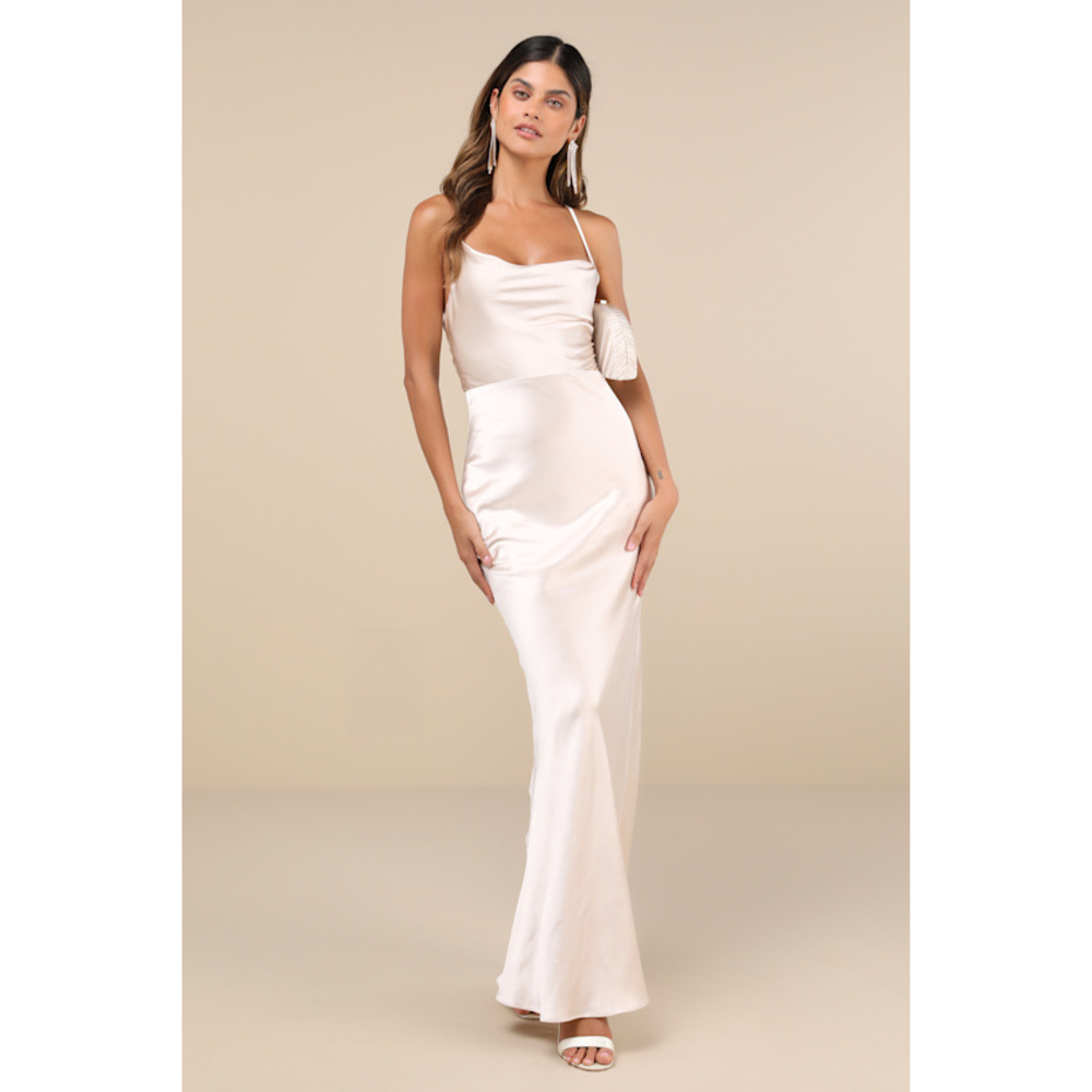 Lulus Inspire Romance Champagne Satin Cowl Neck Lace-up Maxi Dress White